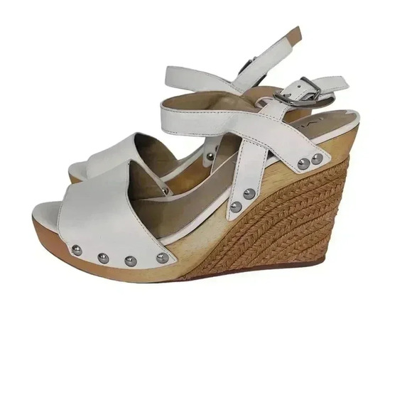 Via Spiga White Leather Wedges Woven Sandal Heels Women's Size 8 - Picture 1 of 12